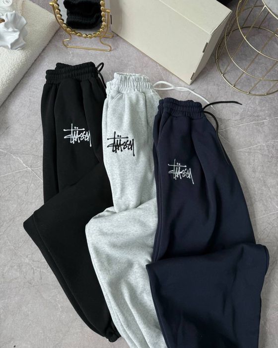 Женские теплые штаны Stussy на флисе широкие с резинкой 42-46 Oversize