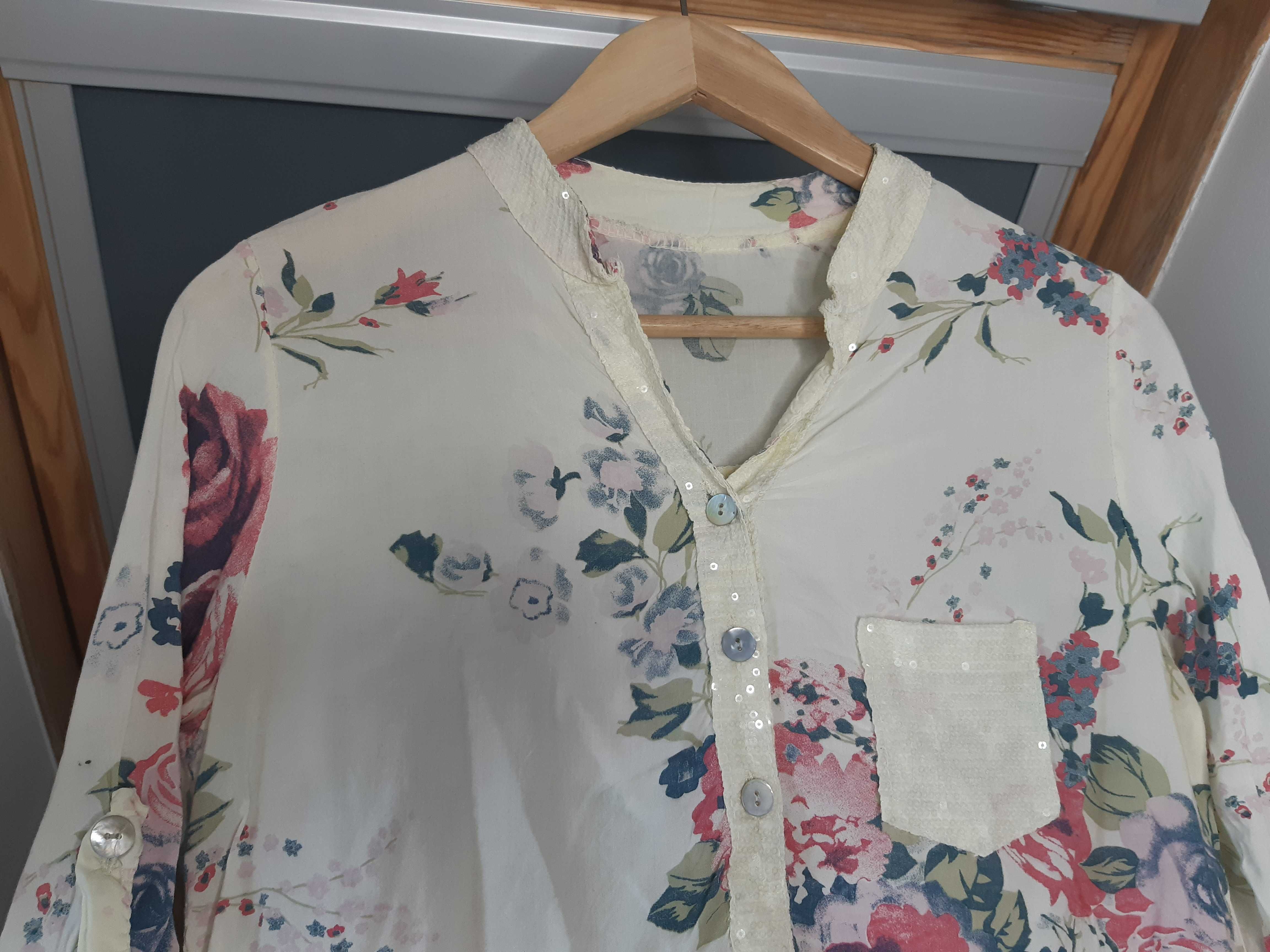 kremowa kwiecista bluzka koszulowa w kwiaty bawełniana wiskozowa S