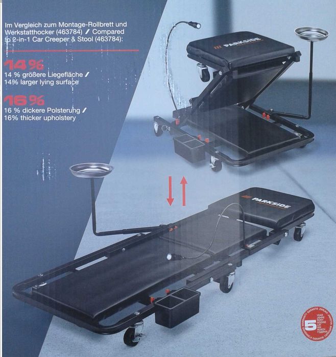 PARKSIDE LEŻANKA warsztatowa składana 150 kg z lampką LED + STOŁEK 2w1