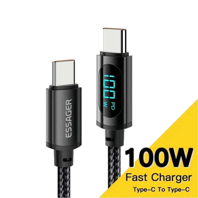 Kabel z Wyświetlaczem ESSAGER 1m USB-C - USB-C 100W QC Czarny Przewód