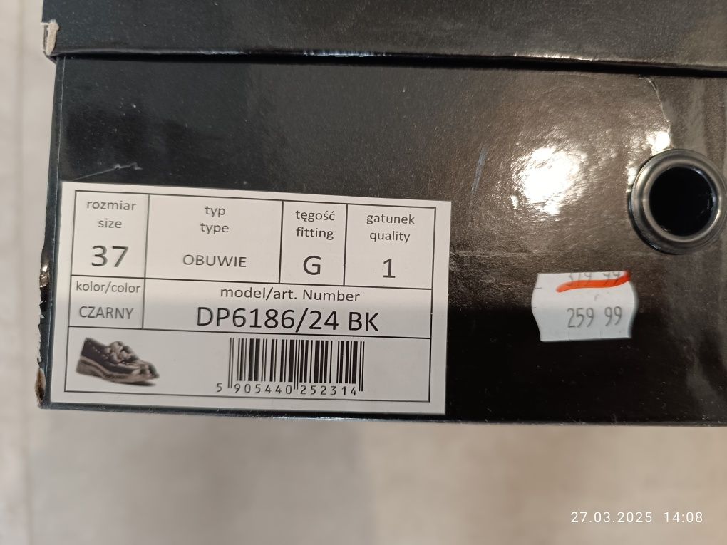 NOWE buty lordsy skórzane 37 czarne (ok.24 cm) -glebokie -filippo