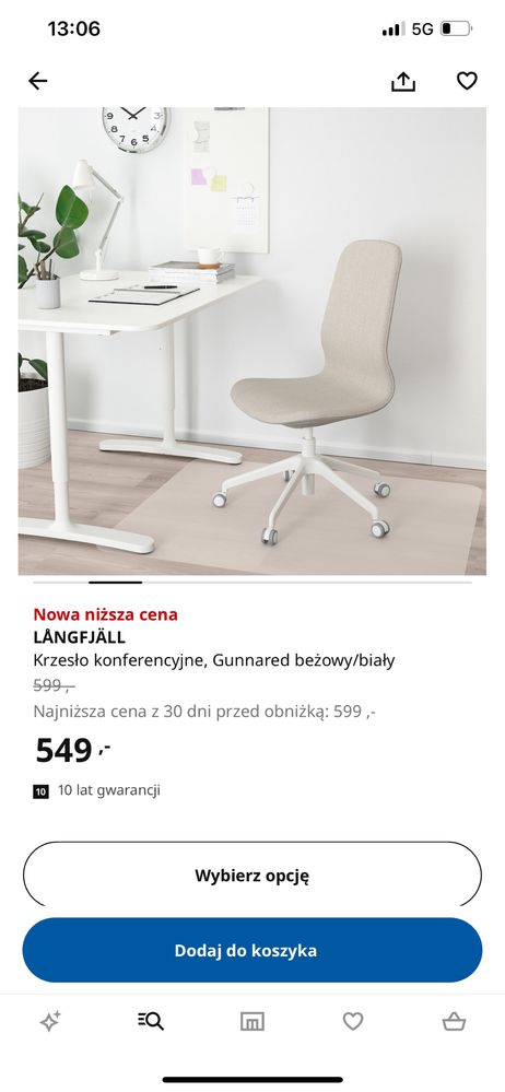 Fotel obrotowy langfjal ikea beżowy