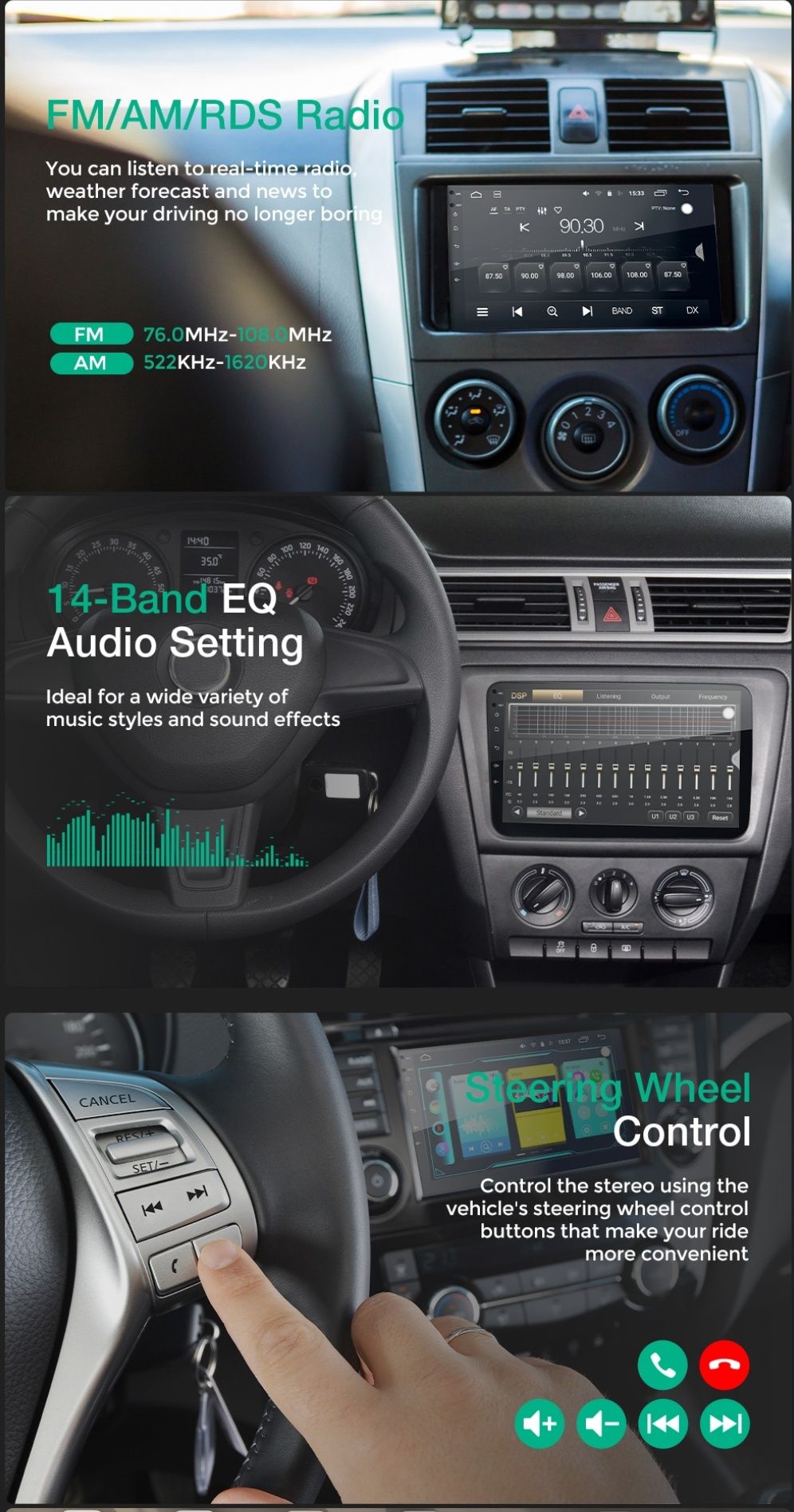 Rádio 10" android Auto Wi-Fi 2din 4/64GB Carplay GPS 8core câmara 360º