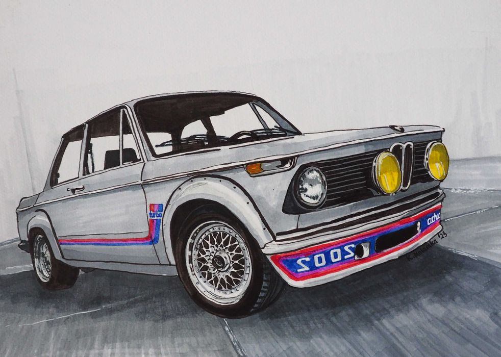 Obraz grafika 21x30cm BMW e10 2002 turbo oprawiony, ręcznie malowany