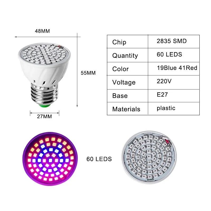 FITO żarówka do uprawy roślin, ful spektrum, 60 szt. LED, 5W, E27,
