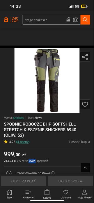 Spodnie Robocze BHP SoftShell Stretch kieszenie Snickers 6940 Oliwkowe
