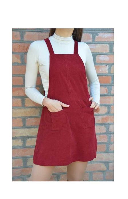 Красный бордовый вельветовый комбинезон платье сарафан