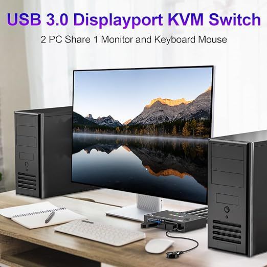 YOUTINGHDAV Przełącznik KVM USB 3.0 DisplayPort 2 PC 1 Monitor 4K 144