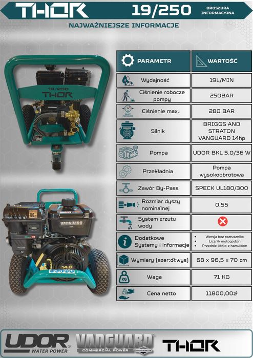Myjka ciśnieniowa THOR 19/250 – 19L/min 250 bar *Vanguard 14KM*UDOR*