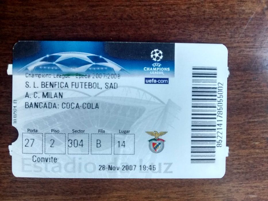 Bilhete de Liga dos Campeões - SL Benfica vs AC Milan