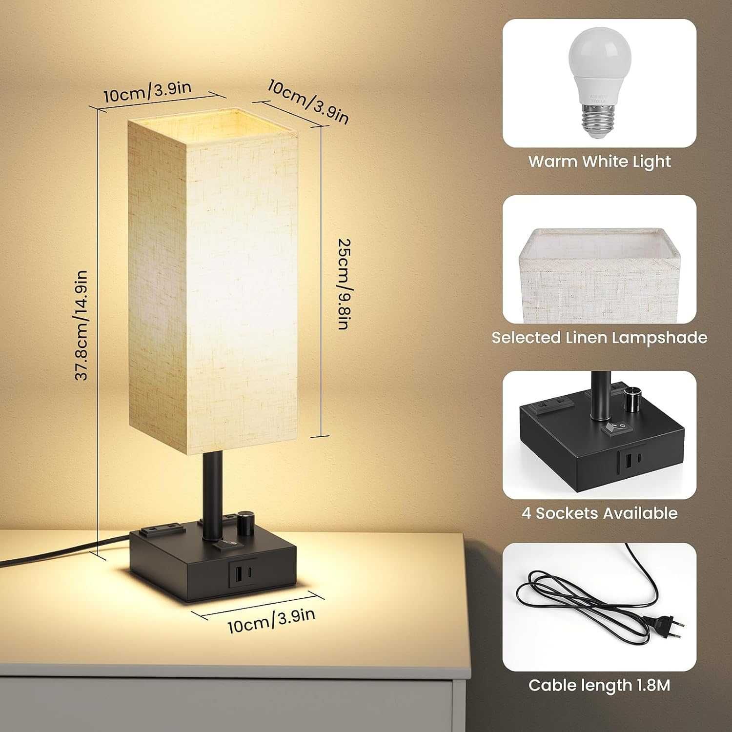 Lampka nocna Z gniazdami USB, USB-C, Abażur z tkaniny, VINTAGE