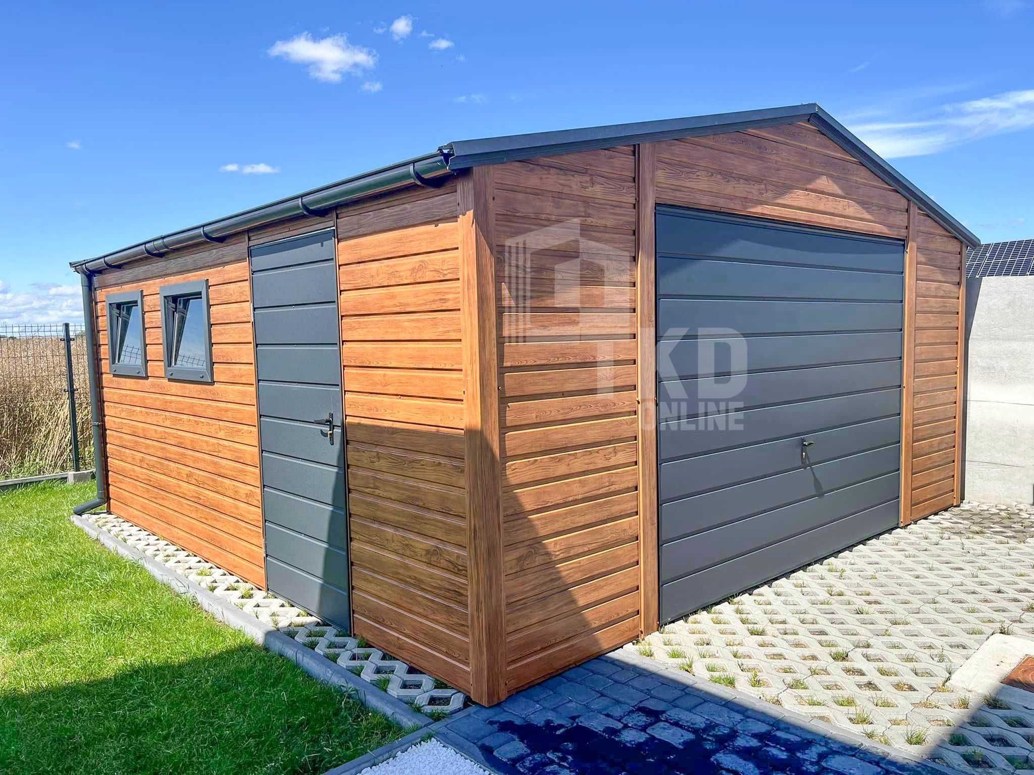 Garaż Blaszany 5X5M Brama Uchylna Drzwi 2X Okno Rynny Dach Tkd269
