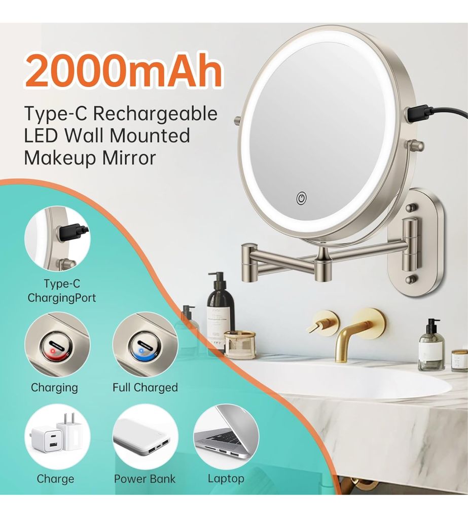 Lustro podświetlane do make up makijażu 10x powiekszenie obracane 360