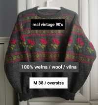 M S XS oversize wełniany sweter vintage folk cottage fairycore unikat