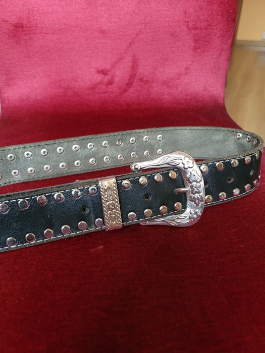 Unikatowy skórzany czarny pasek damski Vintage rozm. M