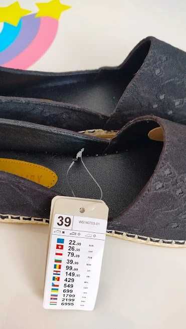 Czarne espadryle 39 Nowy z metką Fairy