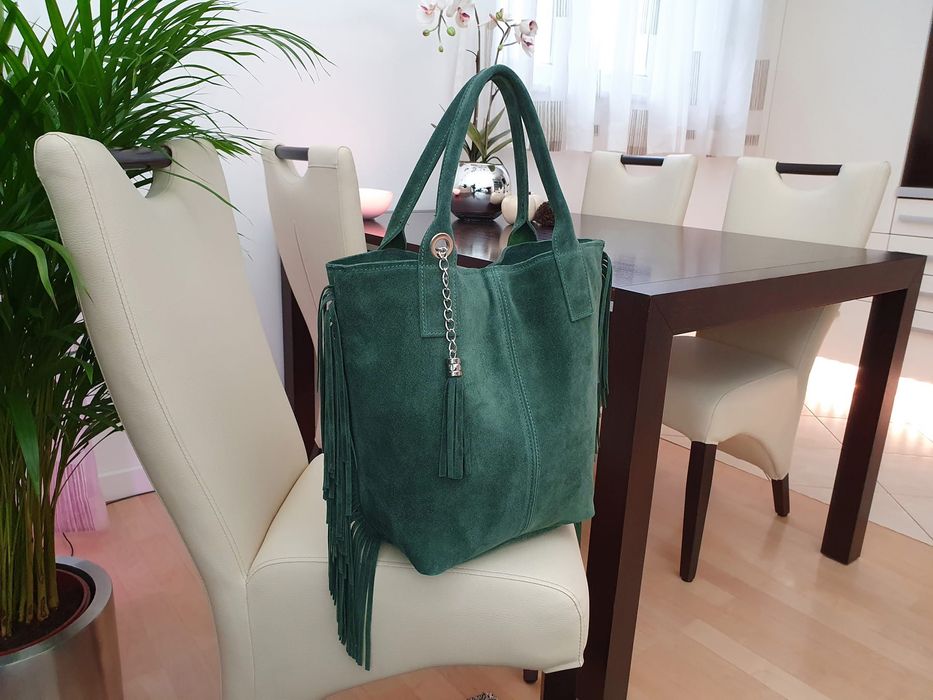 VERA PELLE torebka damska zamszowa shopper z frędzlami V460 c.zielona