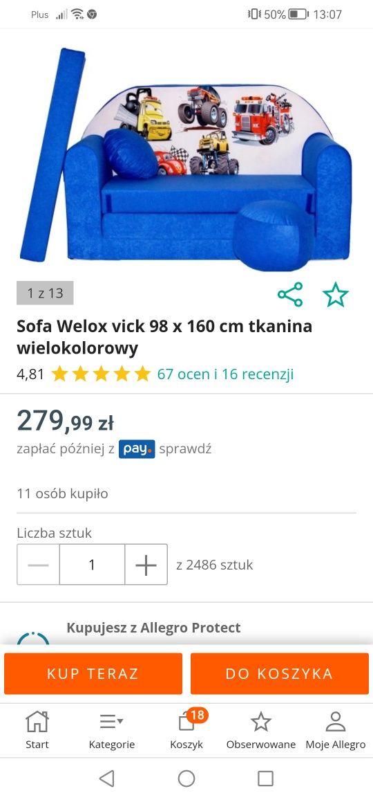 Sofa Welox vick 98 x 160 cm dla chłopca funkcją spania