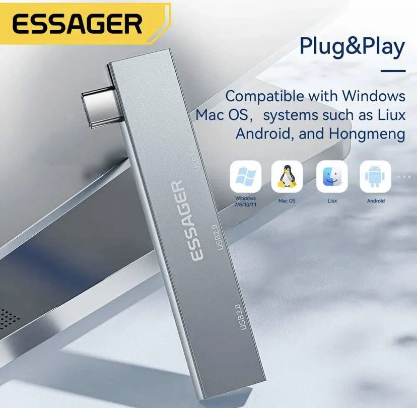 Адаптер Essager 3 в 1 USB HUB (Type C)