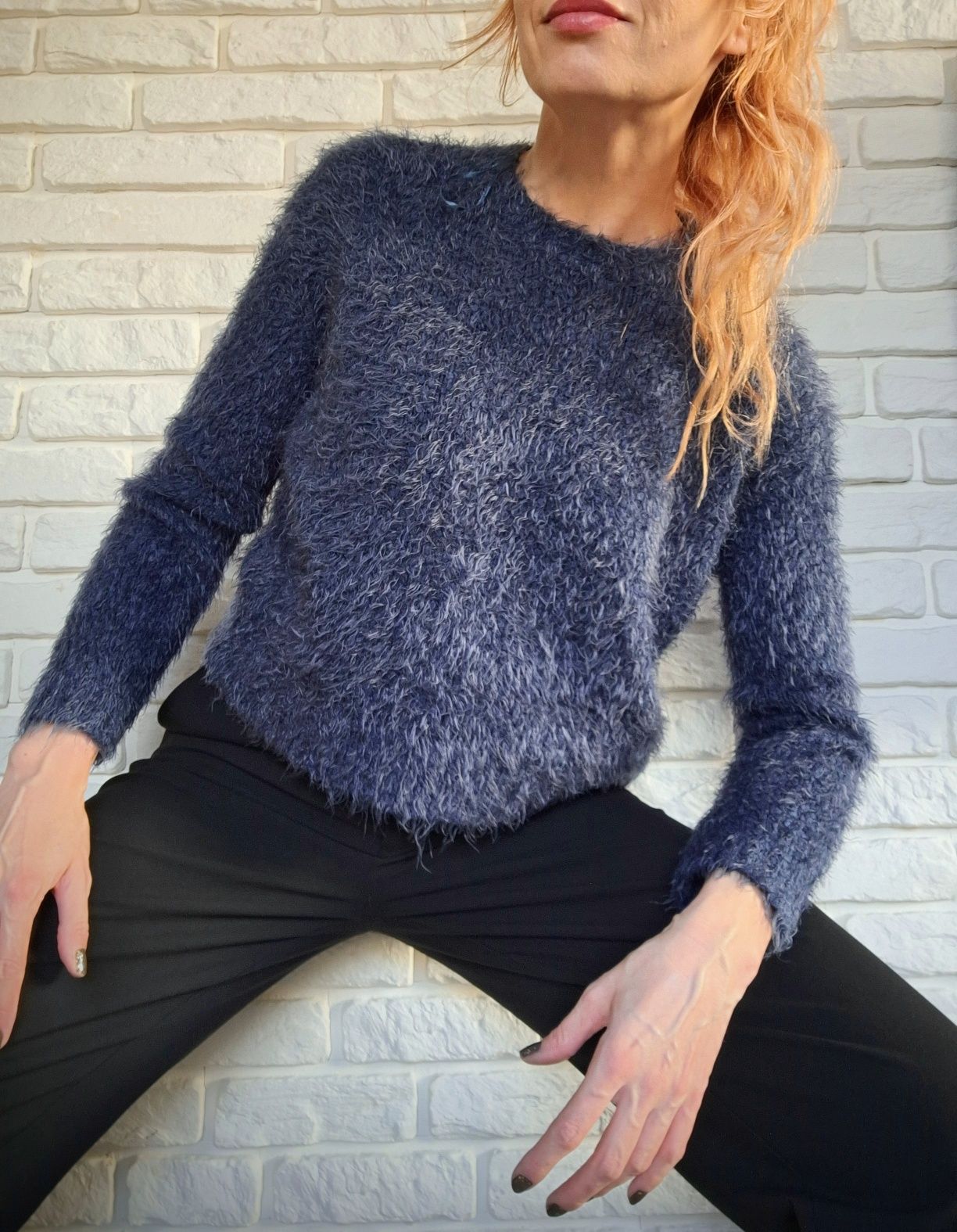 Granatowy Sweterek Mango S Puszysty Sweter Krótki Pluszowy Vintage