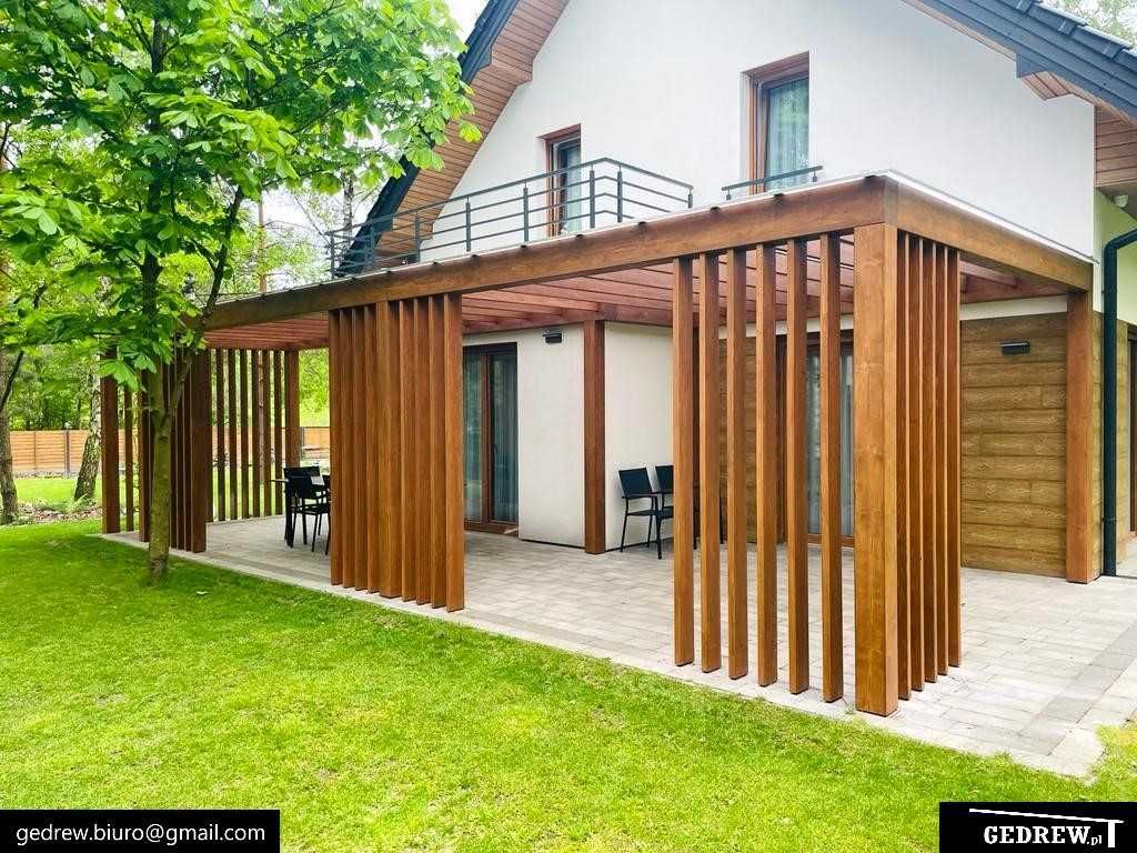 Nowoczesne zadaszenie tarasu patio pergola lamelki pionowe