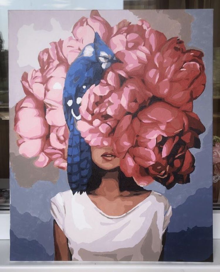 Картина акрилом «девушка с розовыми пионами»