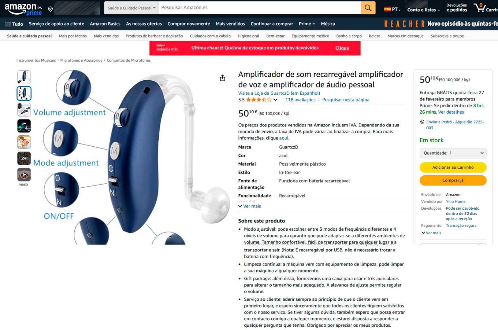 Auriculares amplificadores de som (USB)