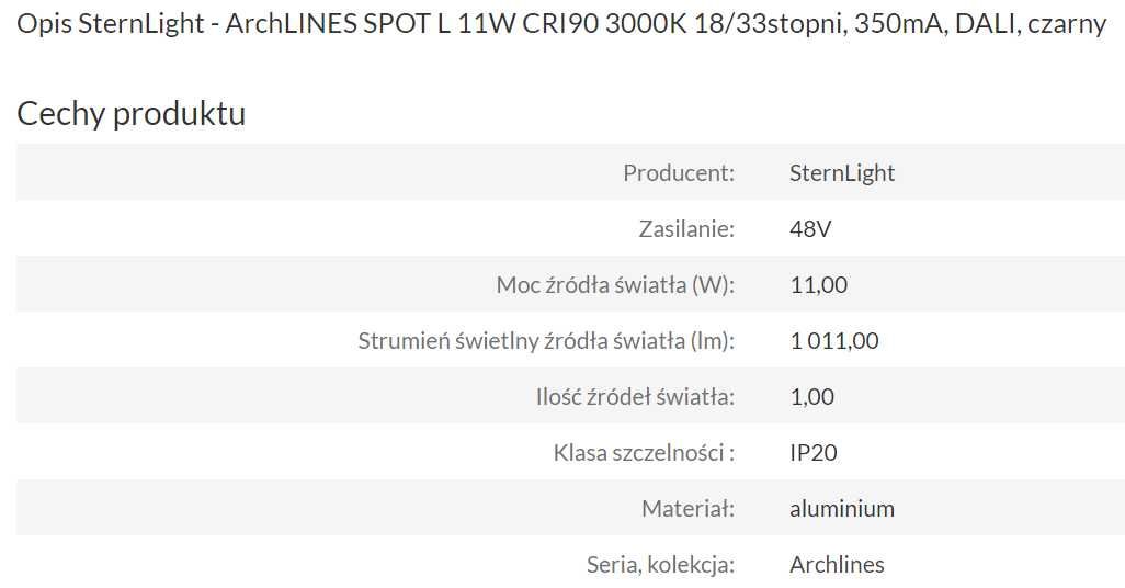 SternLight - ArchLINES SPOT L 11W CRI90 3000K 18/33° DALI, czarny