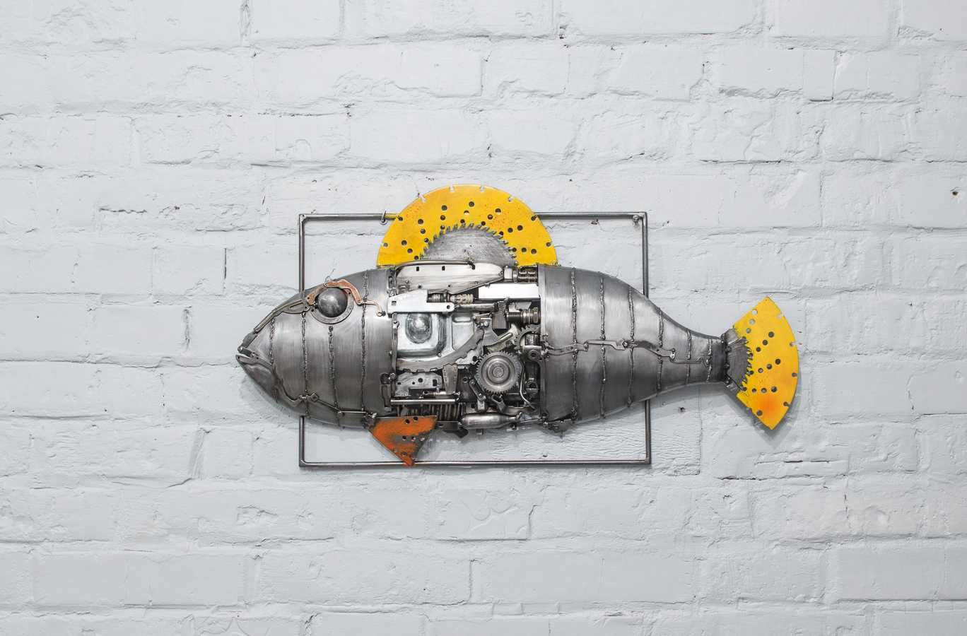панно риба, стімпанк металарт стальная рыба, катушка, спининг, картина