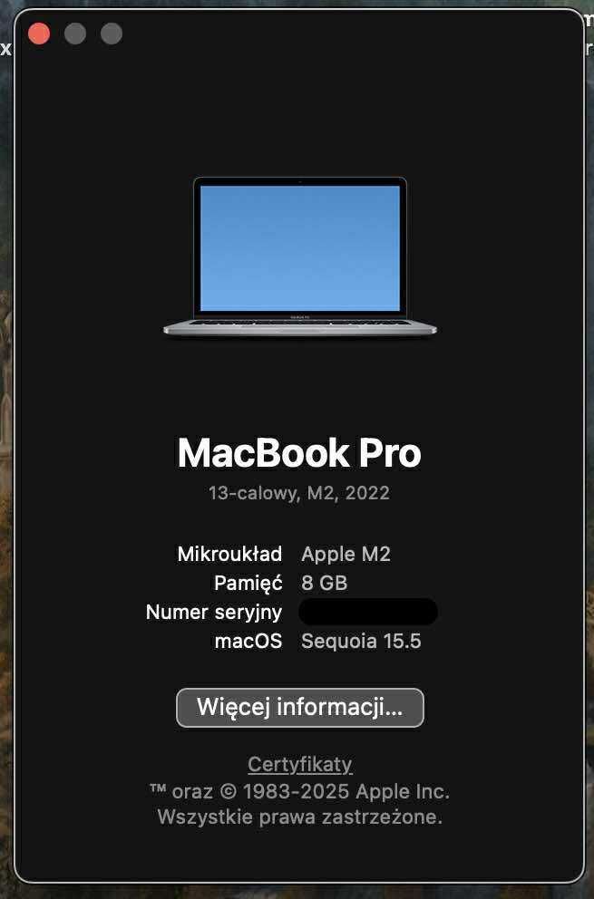 MacBook Pro 13” M2 2022 8GB RAM 512 GB SSD 99 cykli Space Gray idealny