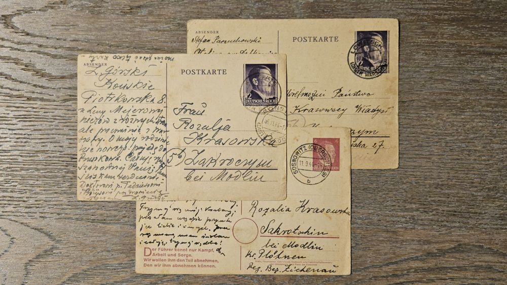 Trzy kartki z okupacji 1944 znaczek Hitler Generalgouvernement Polska