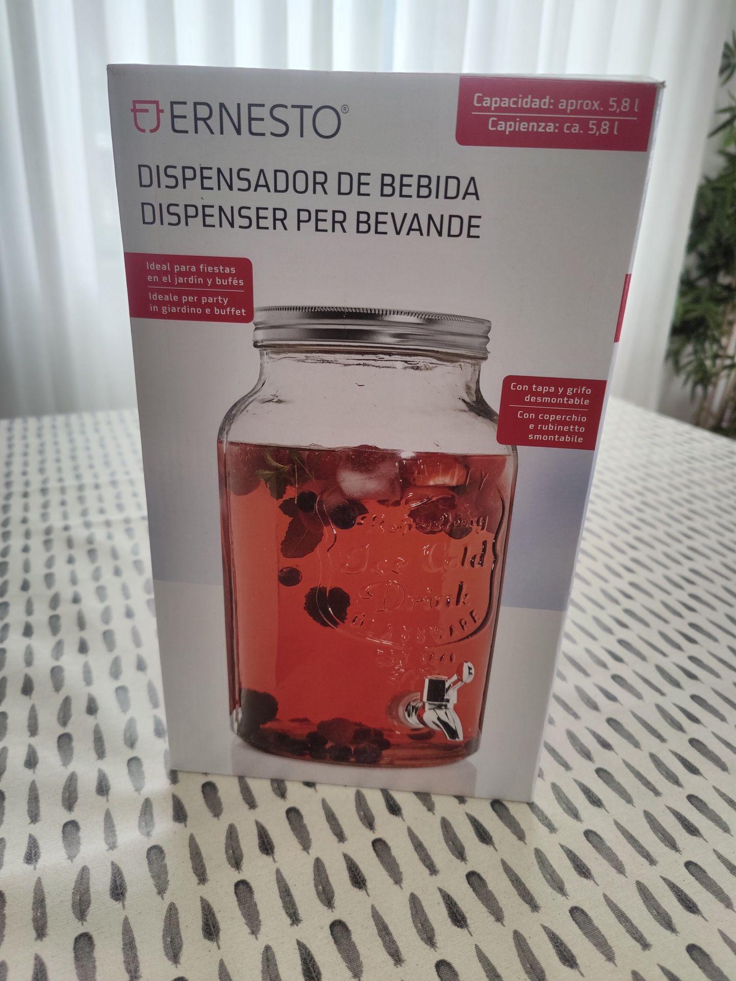 Distribuidor bebidas em vidro 5.8 litros, com tampa em metal