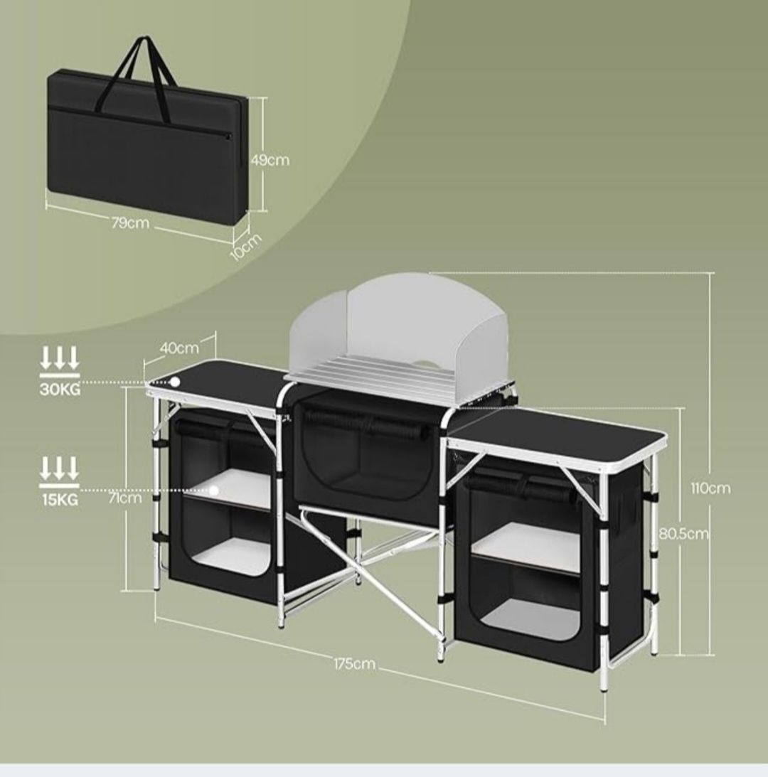 Kuchnia kempingowa Składany stół piknikowy Aluminiowy Czarna 174x112x4