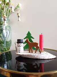 Świecznik bałwanek drewniany mini zimowy retro scenka choinka vintage