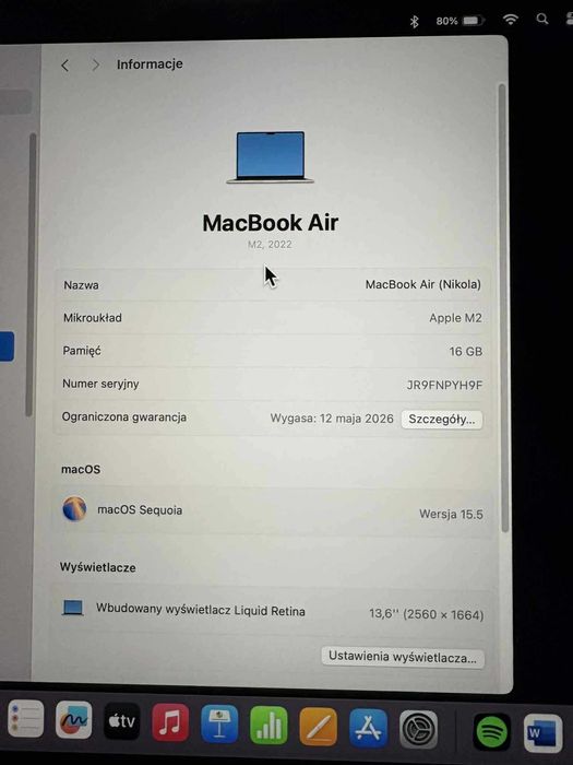 Apple MacBook Air 13,6" M2 16GB RAM 256GB Dysk Kolor Starlight