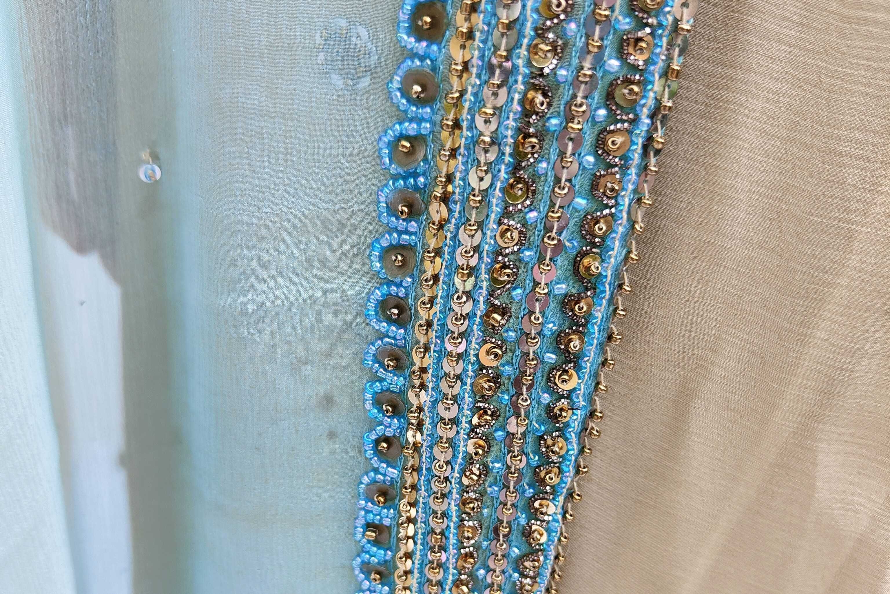 Piękne zdobione sari beż turkus saree Bollywood suknia sukienka szyfon