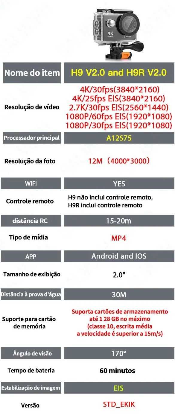 Camera de ação 4K à prova de água