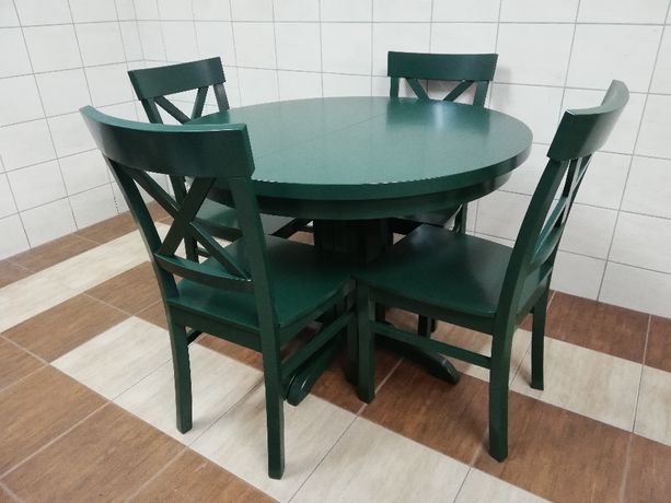 okrągły stół rozkładany110+3x45 4 krzesła BIAŁY ZIELONY salon jadalnai
