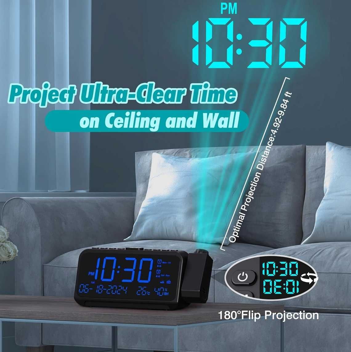 Alarm zegarek Radio CR1024 cyfrowe budzik projektor LED temperatura