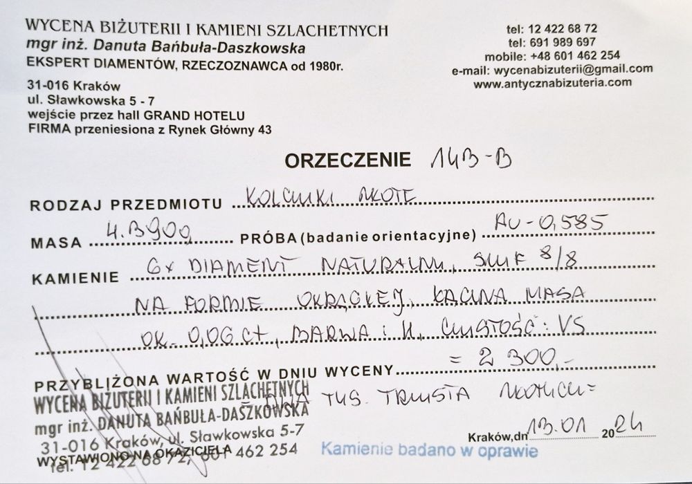 Retro kolczyki złoto 14 k diamenty 0.06 ct 4.39 g certyfikat