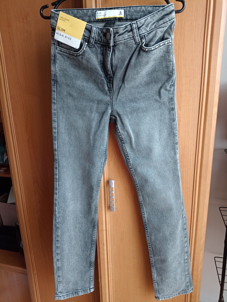Szare jeansy spodnie jeansowe NEXT jeans Petite Slim High Rise rozmiar