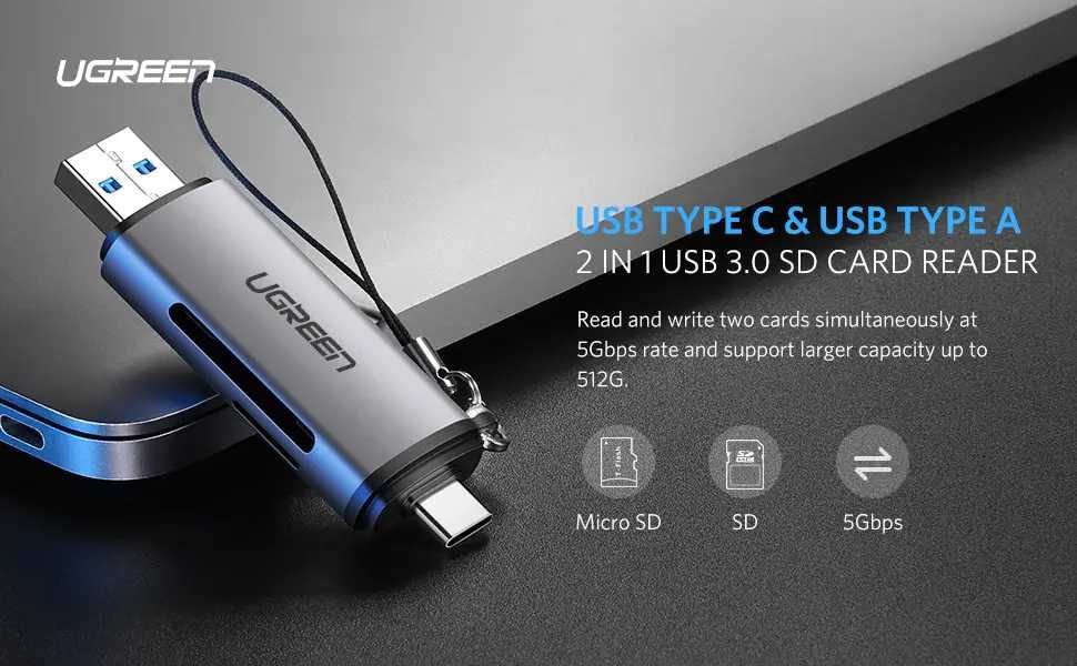 Кардрiдер UGREEN CM185 USB-C/USB-A Card Reader (50706)