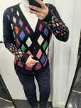 Sweter w romby unikat damski kolorowy vintage elegancki na guziki wisk