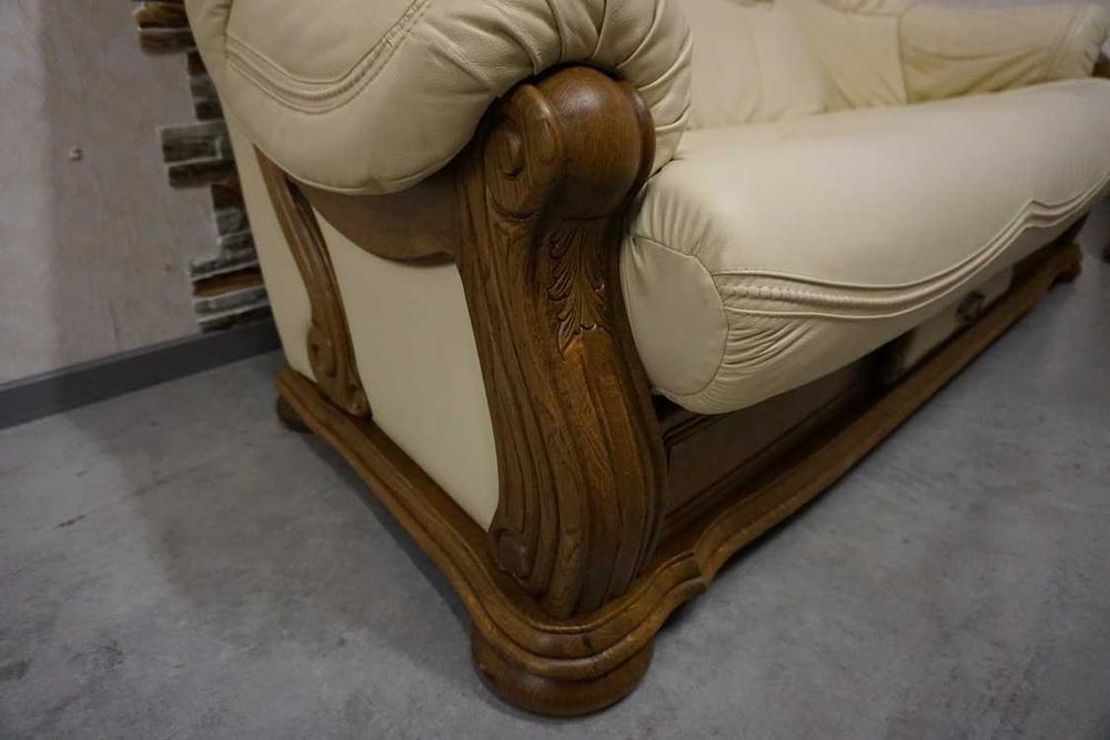 Zestaw na Stelażu Dębowym 3+1 Skóra Naturalna Jasna + Szuflady w-1116