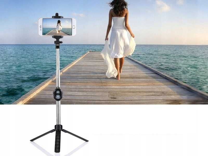 Uchwyt Selfie Stick Monopod Bluetooth Kij Ze Statywem Pilot Czarny