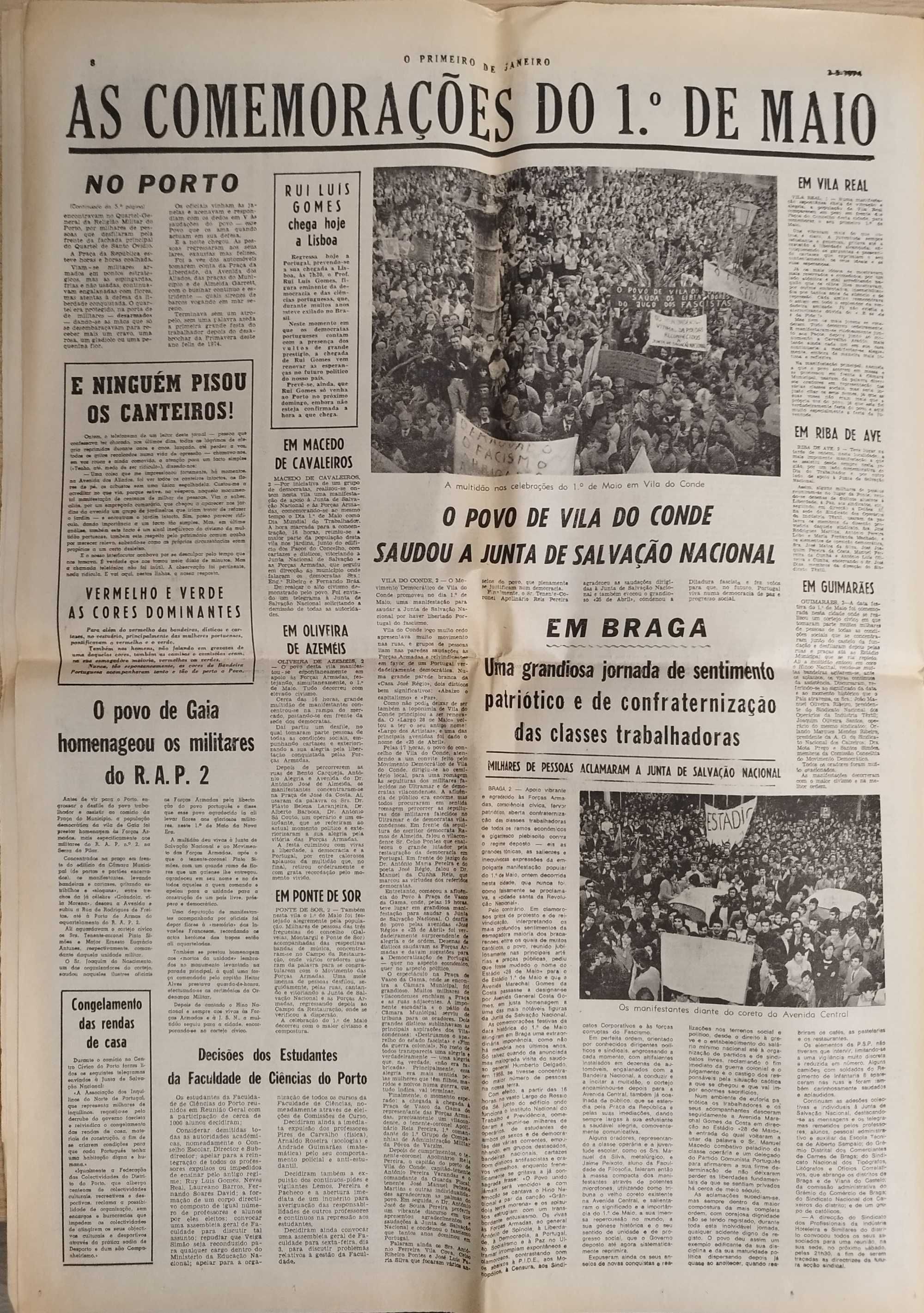 Jornal "O Primeiro de Janeiro" de 3 Maio 1974- após a revolução