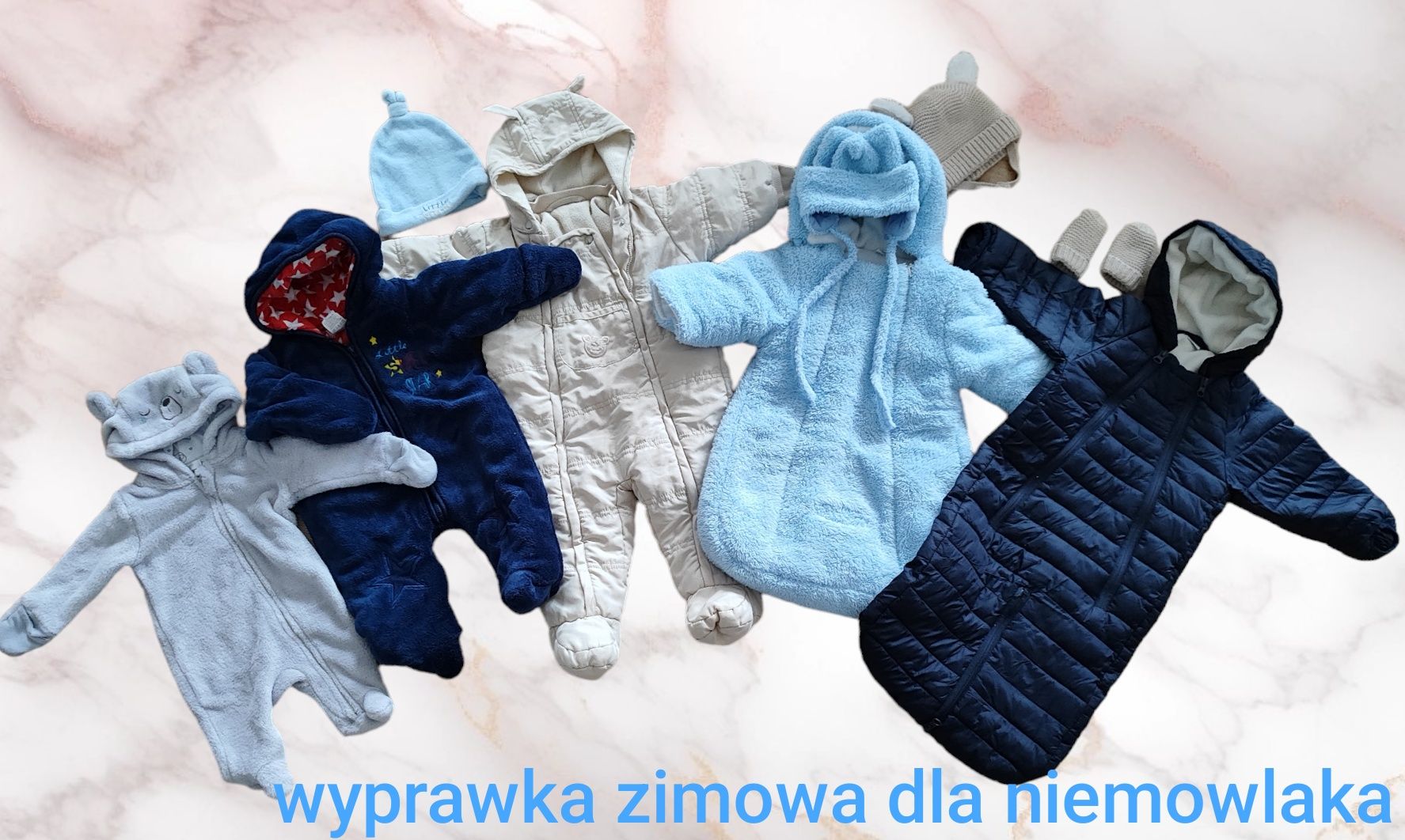 Wyprawka zimowa dla niemowlaka chłopca duża paka śpiworki ubranka