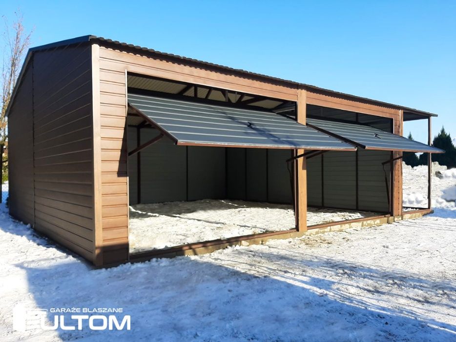 Garaż blaszany drewnopodobny z wiatą profil zamknięty