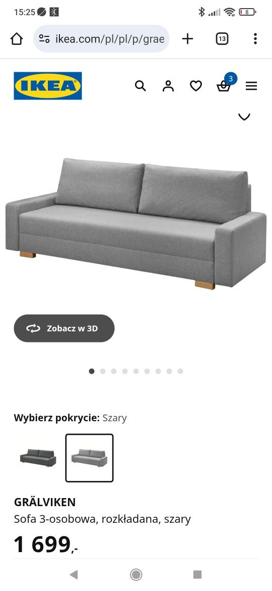 Sofa rozkładana GRÄLVIKEN Ikea, trzyosobowa