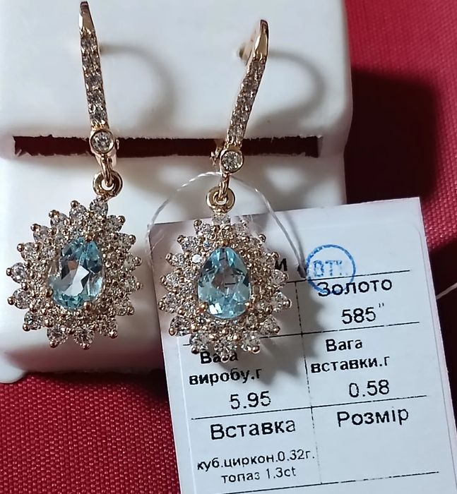 Сережки з топазом, 5.95г- золото 585 проба  Вставка: топаз 1.3c